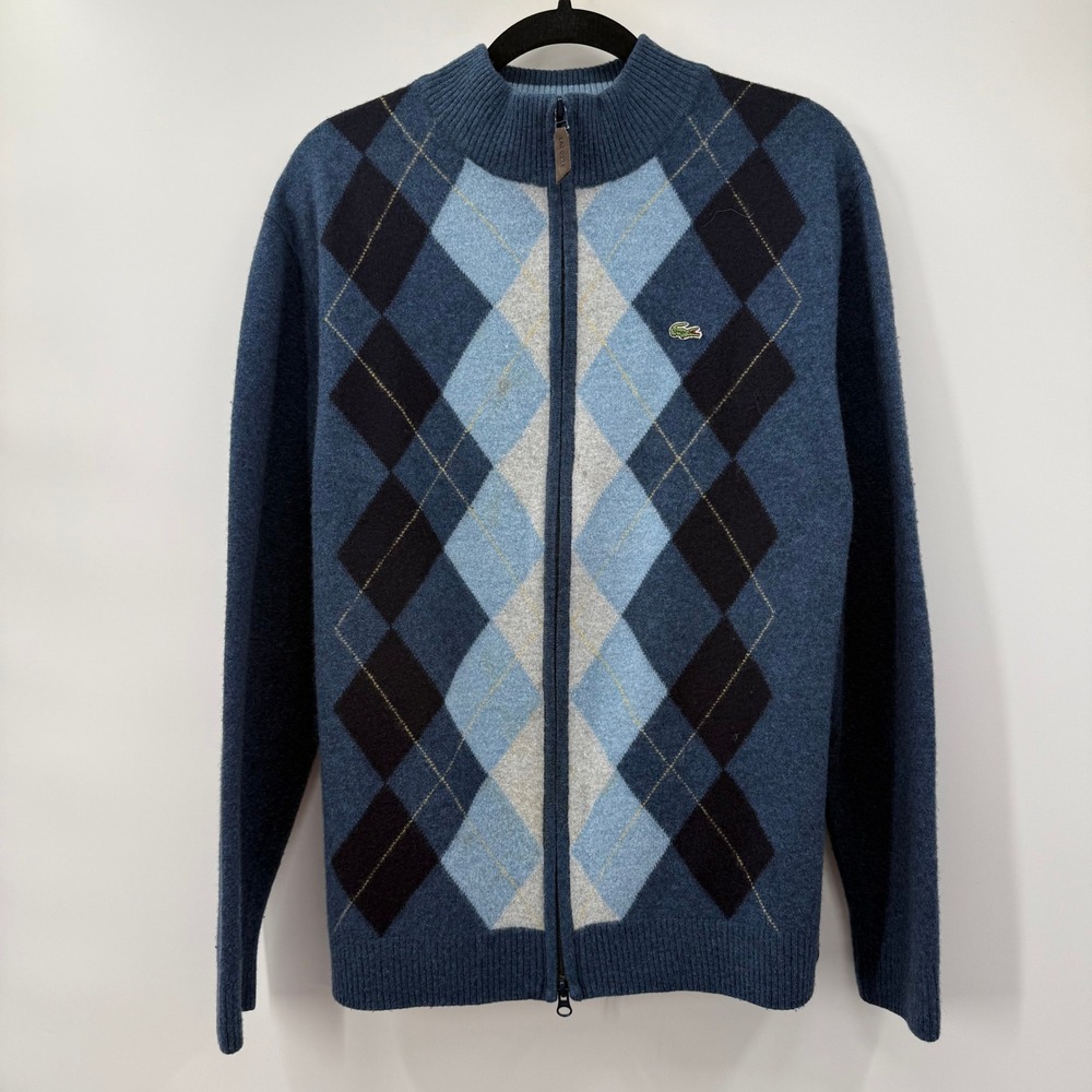 Lacoste Mens 8 Full Zip Sweater Blue Argyle Mock Neck Cardigan